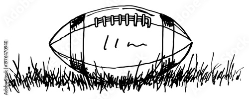 American football ball lying on green grass in hand drawn sketch style