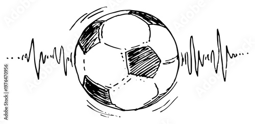 Soccer ball with pulse waves and motion lines in minimalist sketch style