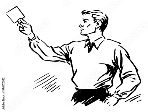 Man in referee uniform holding up penalty card in retro sketchy line art style