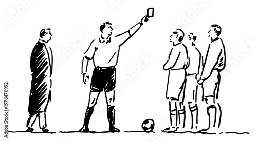 Soccer referee showing card to group of players in sketchy hand drawn style