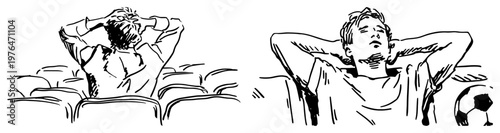 Man sitting in cinema theater seat feeling bored and frustrated in hand drawn sketch style