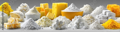 Assorted cheeses, creams, powders, and other dairy items
