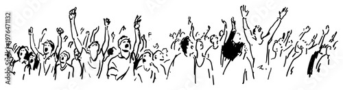Crowd of football fans cheering with raised hands at stadium in sketchy line art style