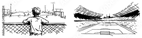 Boy watching football match through fence at stadium in hand drawn sketch style