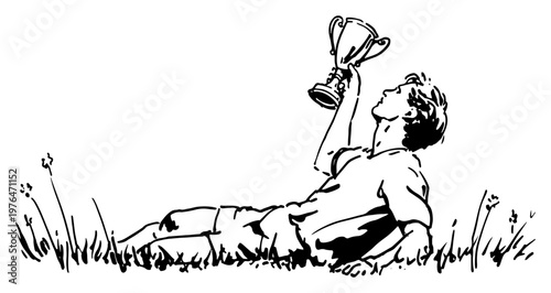 Soccer player lying on grass holding a winner trophy in minimalist line art style