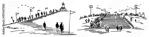 People climbing a grand outdoor staircase toward a monument in minimalist line art style