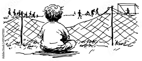 Young boy sitting behind fence watching soccer game in hand drawn ink sketch style
