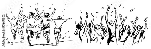 Soccer players celebrating goal and crowd cheering with raised arms in expressive ink sketch style