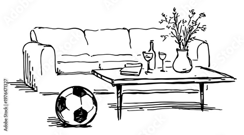 Living room interior with sofa coffee table and soccer ball in hand drawn ink sketch style