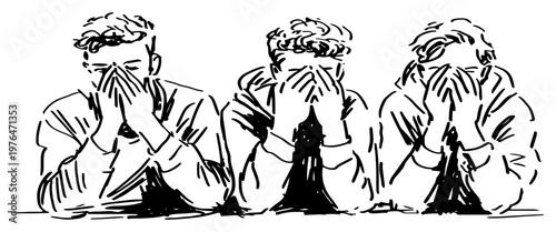 Three men covering their faces in despair and disappointment in expressive ink sketch style
