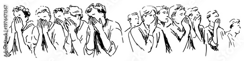 Obraz na płótnie Group of people covering their faces in despair and shock in expressive ink sket