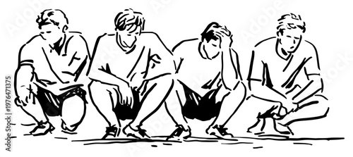 Tired football players sitting on ground with disappointed expressions black and white sketch