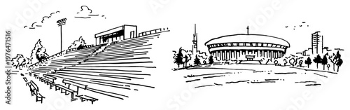 Stadium bleachers and city arena building in minimalist hand drawn ink sketch style