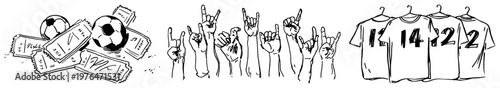 Sports event tickets soccer ball cheering hands and team jerseys in hand drawn sketch style
