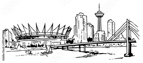 City skyline with stadium and bridge in minimalist ink sketch style