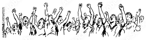 Enthusiastic sports fans cheering and celebrating victory with raised arms doodle sketch