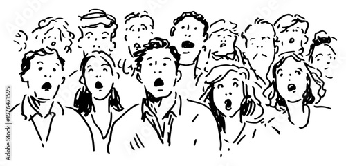 Surprised people looking with shocked facial expressions in minimalist line art sketch