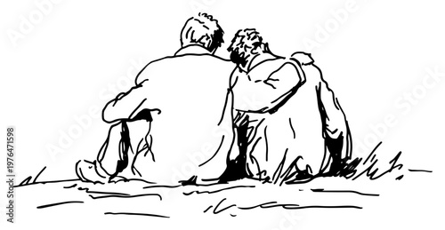 Couple sitting together on grass seen from behind minimalist expressive sketch style