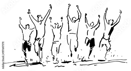 Athletes celebrating victory by jumping with raised arms in energetic ink sketch style