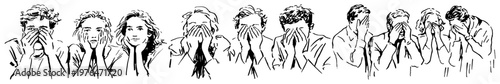 People covering their faces with hands in shock and despair in expressive ink sketch style