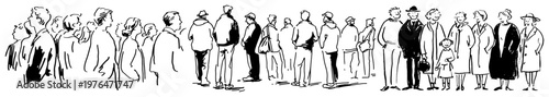 Diverse group of people standing in a long line in hand drawn ink sketch style
