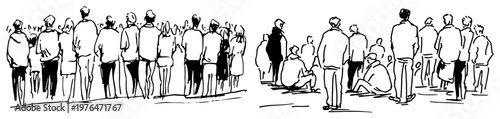 People standing in a large crowd seen from behind in minimalist ink sketch style