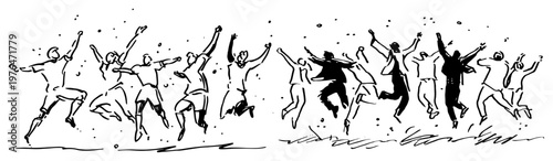Happy people jumping in celebration together outdoors expressive line art sketch