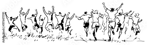 Group of friends jumping for joy and celebrating achievement minimalist vector sketch