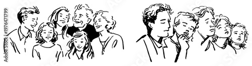 Multigenerational family group and people looking aside in minimalist expressive ink sketch style