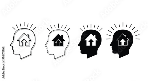 Four variations of a human head in profile containing a house icon depicting thought or imagination