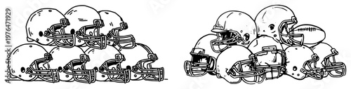 American football helmets and ball equipment set hand drawn vector sketch