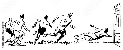 Soccer striker shooting ball toward diving goalkeeper minimalist black and white line art