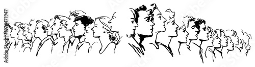 Large crowd of people profiles standing in line and looking forward minimalist sketch style
