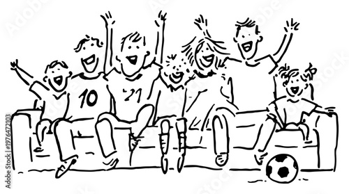 Happy family cheering on sofa while watching football match at home together black and white line art vector sketch