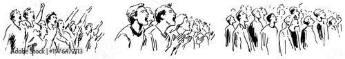 Spectators cheering and looking up with interest during sports event or concert expressive black and white doodle sketch