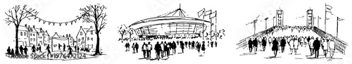City life scenes showing stadium entrance town square and bridge with walking people minimalist black and white line art sketch