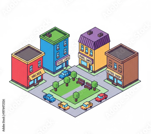 Detailed Isometric Illustration of a Lively City Block Featuring Colorful Buildings, a Central Park, and Street Traffic, Capturing Urban Lifestyle