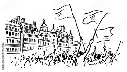 Large group of demonstrators holding flags in front of classic european city buildings ink sketch style
