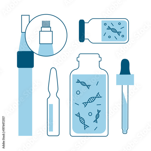 Anti-aging skincare injections. Korean beauty regenerative aesthetic microneedle treatment for facial revitalization and rejuvenation. Serum, ampoule, pen. Vector flat illustration set.