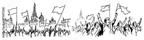 People with flags protesting on city square in front of landmark buildings minimalist sketch style