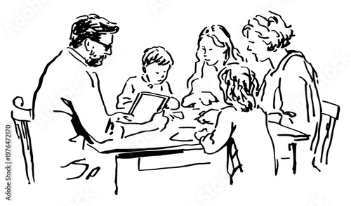 People sitting around a table working and collaborating in minimalist sketch style