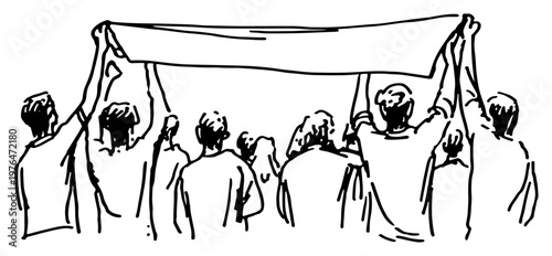 Canvastavla Group of people holding up a large blank banner together in hand drawn sketch st
