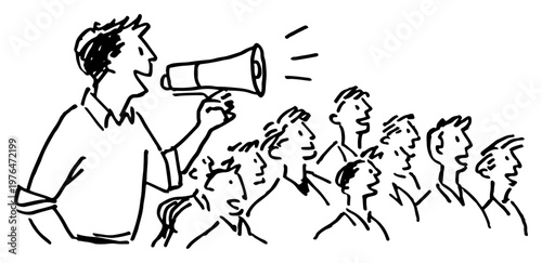 Man shouting into megaphone toward a large crowd of people in hand drawn line art style