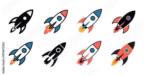 Eight hand drawn rocket ship in various color combinations of black white blue and coral with exhaust flames and circular portholes arranged in two rows on a white background