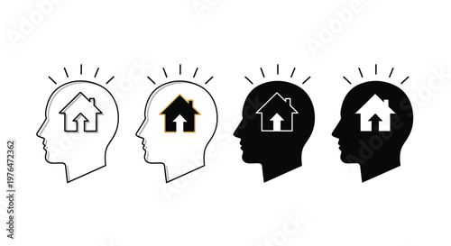 Four stylized head profiles contain simple house icons showcasing variations in color and fill