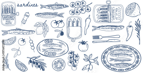 Hand Drawn Sardines. Canned fish. Retro hand drawn marine food, Italian seafood, Mediterranean sardines with vegetables, tomato, lemon. Sprats in package, tin, plate. Vector set