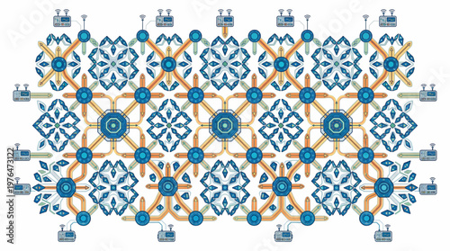 Intricate network diagram with blue and orange connections.