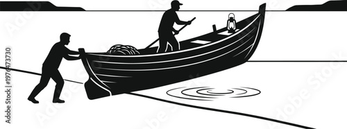 Two men pushing a wooden rowboat with a lantern and fishing net onto a sandy shore with calm water