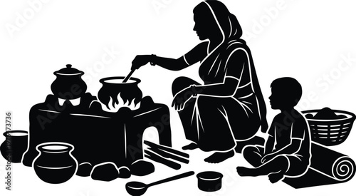 Woman cooking in a traditional outdoor kitchen with a child nearby on a white background