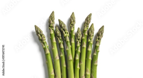 Fresh green asparagus spears on white background, healthy food, vegetable, raw, organic produce, bunch of asparagus, green vegetable, ready to eat, delicious, nutritious, close-up, top view